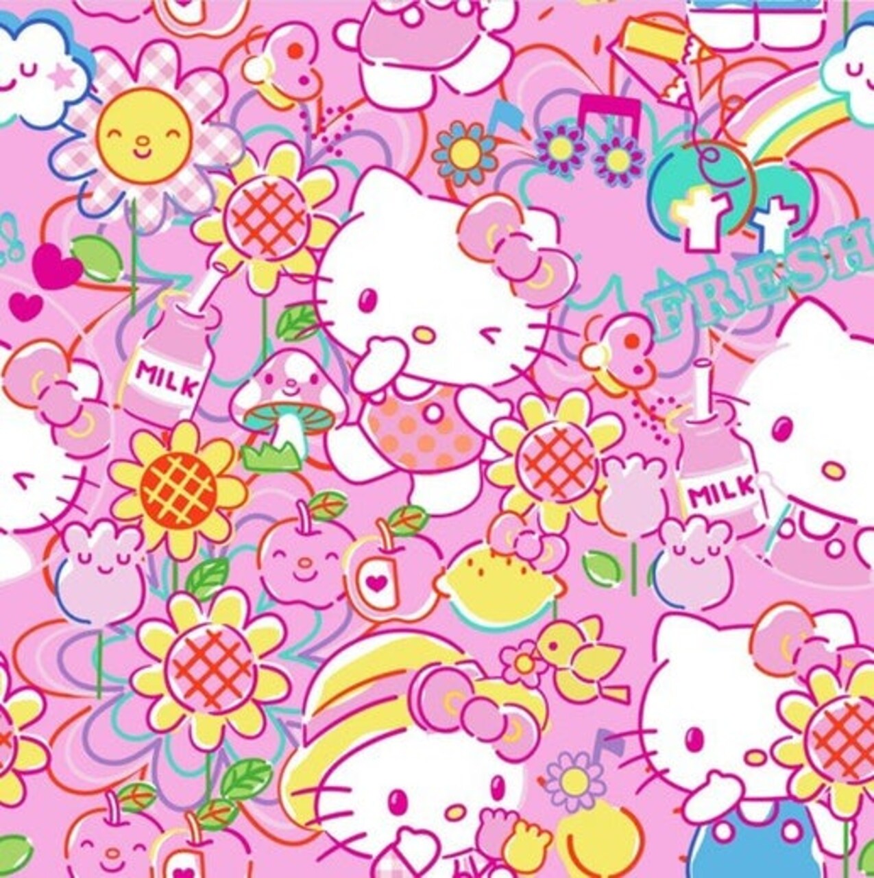 Licensed Character Print - Hello Kitty Garden Doodle Pink Multi Cotton Fabric by the Yard